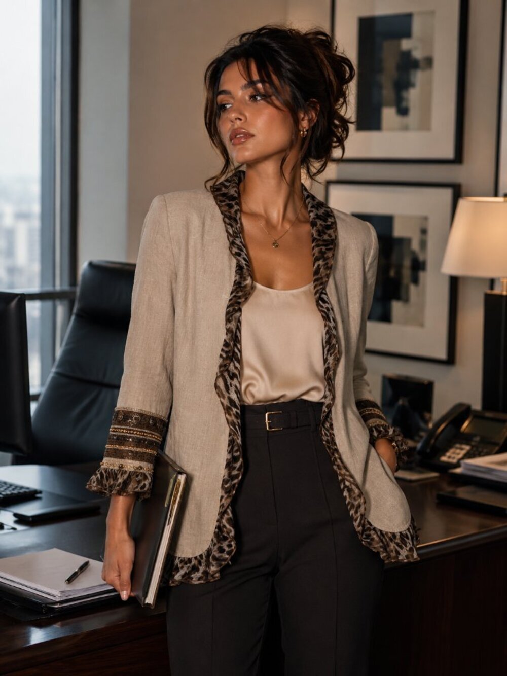 Chico's Cheetah Print Trim Linen Open Front Blazer Sz 1 US M (8/10)